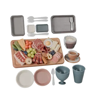 Picnic Charcuterie Board Stylized 3D model, stylized isometric render, showing ceramic, arranged serving layout.
