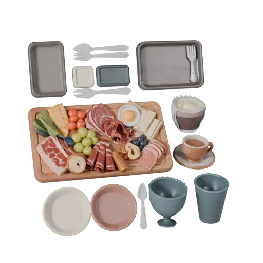 Picnic Charcuterie Board Stylized 3D model, stylized isometric render, showing ceramic, arranged serving layout.