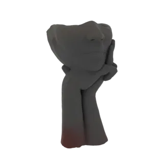 3D model render of a dark gray abstract planter shaped like a face with a hand supporting its chin, against a white backgroun