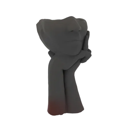 Rendu 3D d'un cache-pot abstrait gris foncé en forme de visage avec une main soutenant son menton, sur fond blanc.