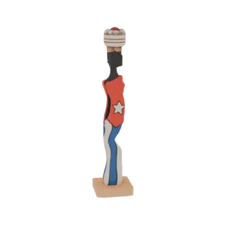 3D model of a stylized woman figurine with a silhouette, wearing a red top with a white star and blue and white striped lower