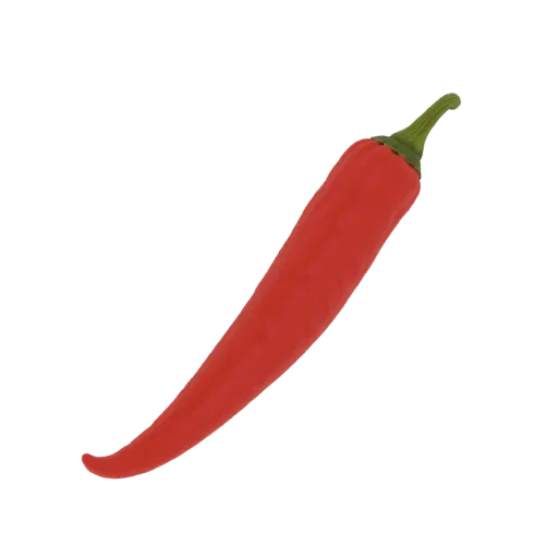 A realistic 3D model of a vibrant red chili pepper with a green stem, isolated on a black background.