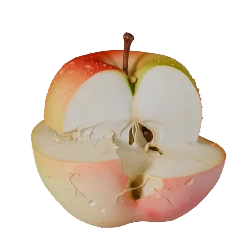 Sliced Apple 3D model, three-quarter front view, AR viewer studio render, showing skin pores, recognizable fruit forms.