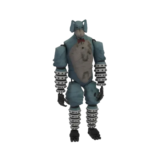 3D model of a blue elephant animatronic with a worn texture and a red bowtie, standing against a white background.