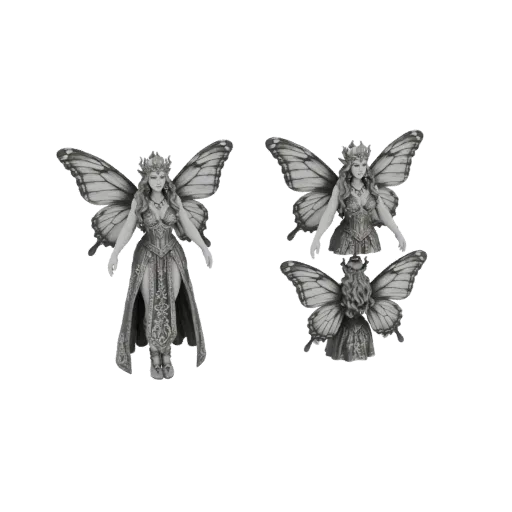 3D model of a Grecian fairy queen with large, detailed butterfly wings, wearing a crown and ornate robes.