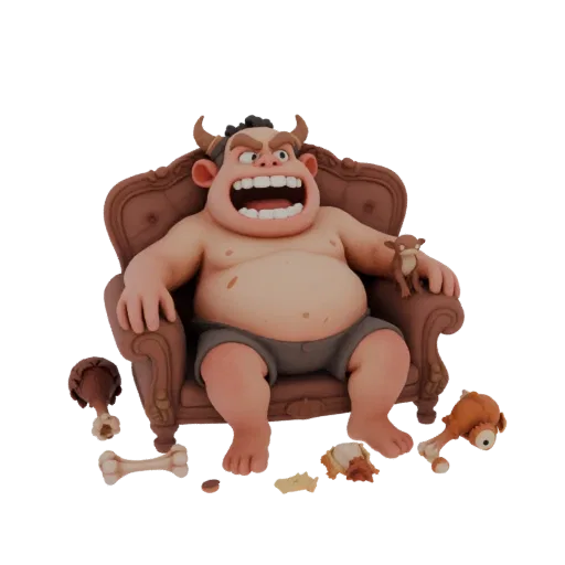 Modelo 3D de demônio com barriga grande sentado em sofá antigo, com ossos e coxas de frango ao redor