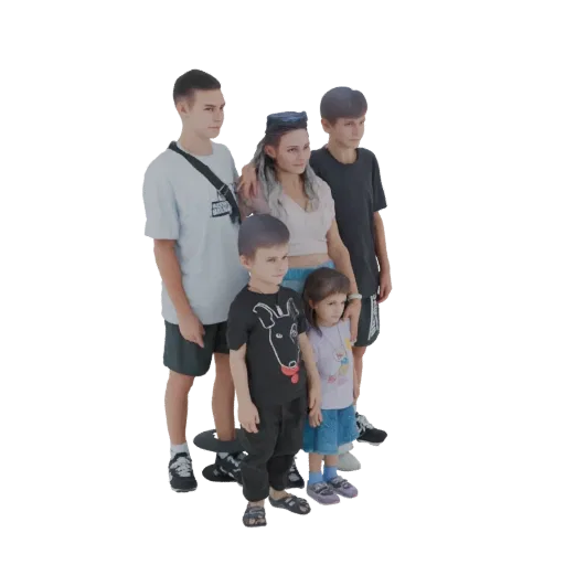 3D model of a family of five, including two boys, two girls, and a woman, standing together in a group pose.