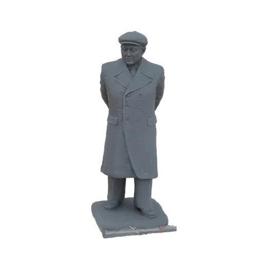 3D model render of a gray statue of a man in a double-breasted coat and flat cap, standing with hands behind his back.