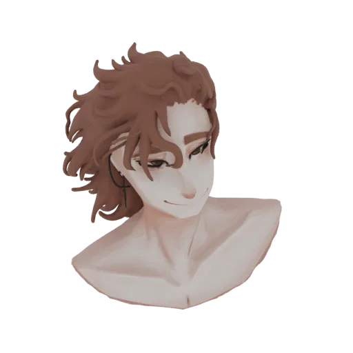 3D model of an anime-style bust with flowing wavy brown hair and a soft, painterly rendering.