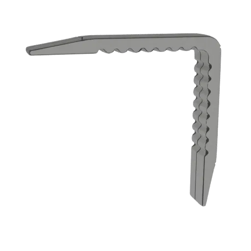 3D render of a gray L-shaped metal bracket with a serrated edge on one arm, set against a black background.