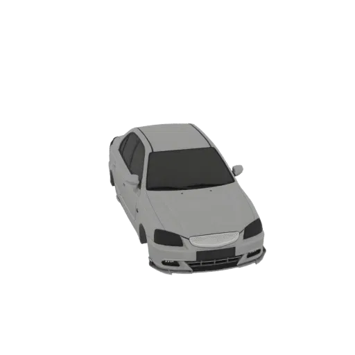 A 3D model of a modern, gray sedan car with tinted windows, viewed from a three-quarter front angle.