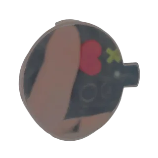 3D render of a round button badge with a red heart and a yellow cross, featuring a clear convex surface and a small attachmen