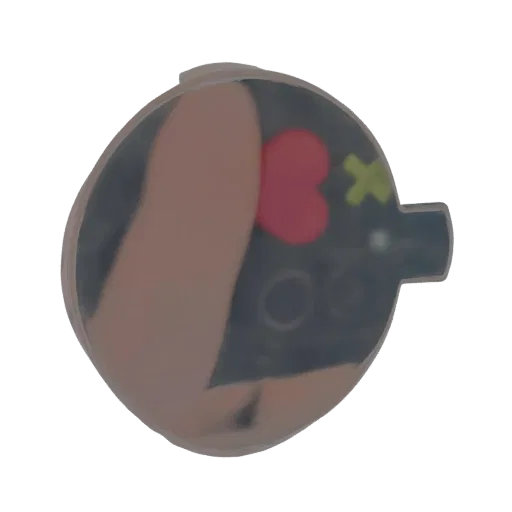 3D render of a round button badge with a red heart and a yellow cross, featuring a clear convex surface and a small attachmen