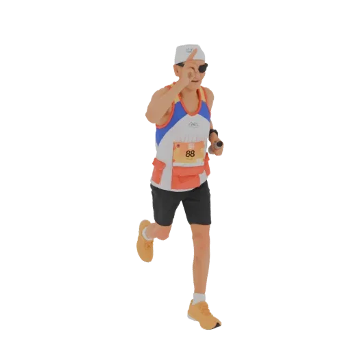 3D model of a male runner in mid-stride, wearing bib number 88 and raising his index finger in a victory gesture, with sungla
