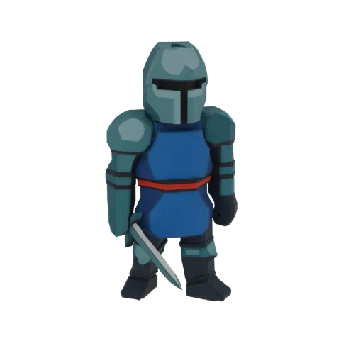 A low poly 3D model of a knight in teal and blue armor, holding a sword, against a white background.