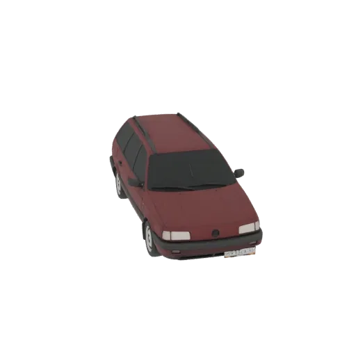A 3D render of a maroon station wagon, viewed from a slightly elevated front-left angle, against a white background.