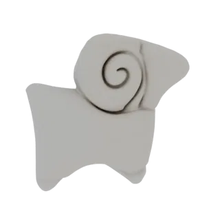 A 3D render of a stylized ram's head sculpture with smooth, matte white surfaces and a prominent, curled horn.