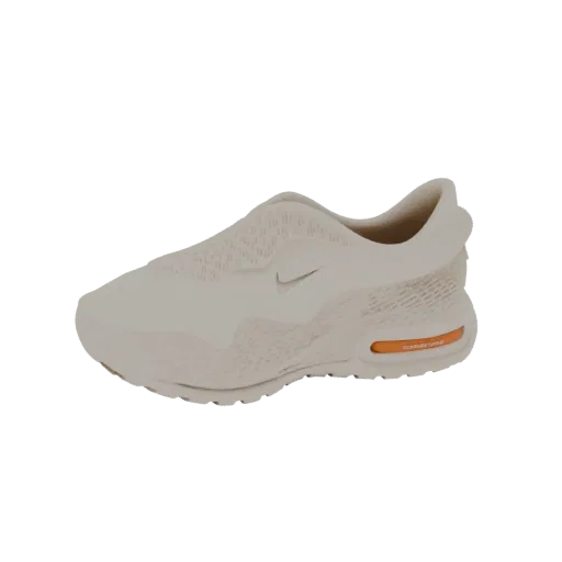3D model of a beige Nike Air Max slip-on sneaker with an orange Air Max unit in the sole.