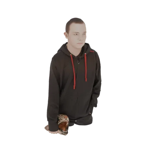3D model of a young man in a black hoodie holding a tiger plush toy, shown from a slightly angled perspective.