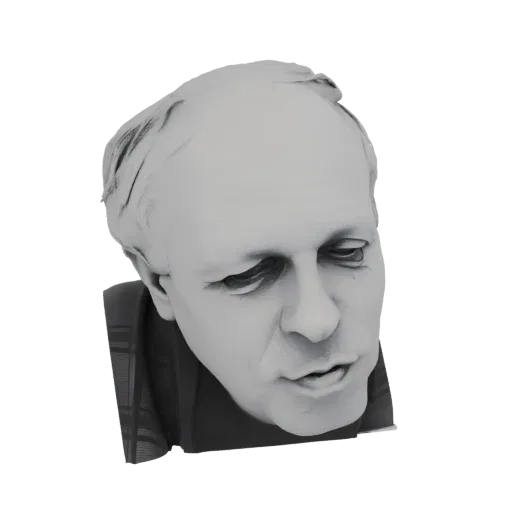 A 3D render of a pixelated, grayscale bust of an elderly man, with a black background.