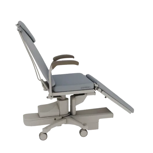 Fauteuil d'examen clinique Modèle 3D réaliste, rendu studio trois-quarts, montrant du métal peint, une silhouette clinique.