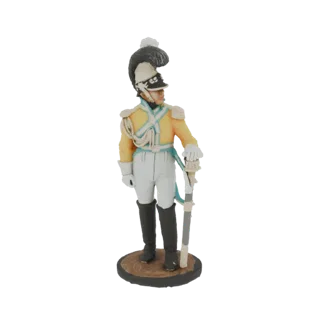 Modelo 3D de um oficial napoleônico em uniforme, segurando uma espada, em pé sobre uma base circular.
