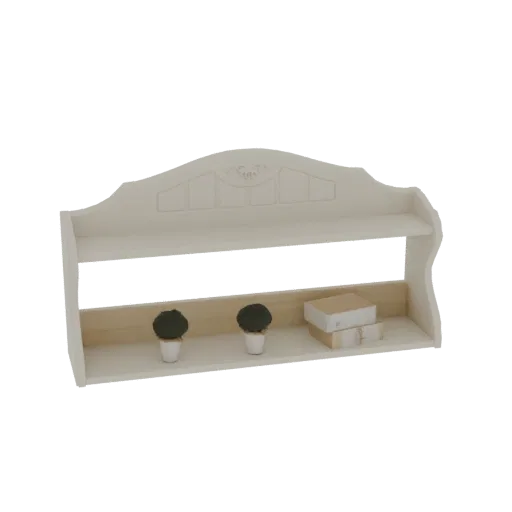3D model of an ornate white wall shelf with a decorative carved top and two wooden-backed shelves, displaying two small potte