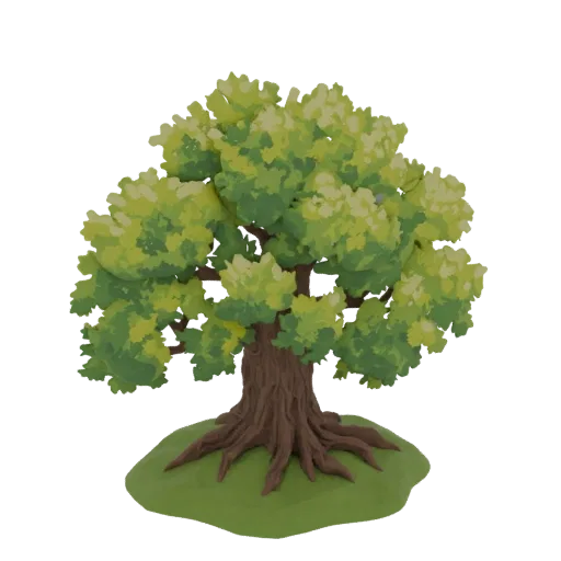A 3D render of a stylized oak tree with a thick trunk, gnarled roots, and a full, green canopy, set against a white backgroun