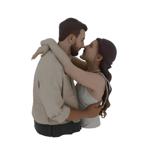 3D model of a man and woman embracing romantically, their faces close together.