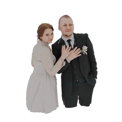 3D model of a wedding couple embracing, bride in lace gown, groom in suit, looking at camera
