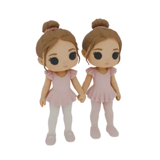 3D model of two identical twin ballerinas in pink tutus and white tights, holding hands, with hair in buns.