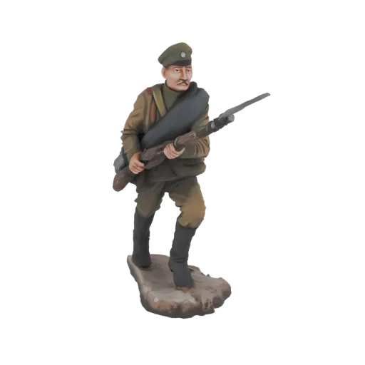 3D model of a WWI Russian infantryman standing with a rifle, wearing a cap and military uniform, on a textured base.