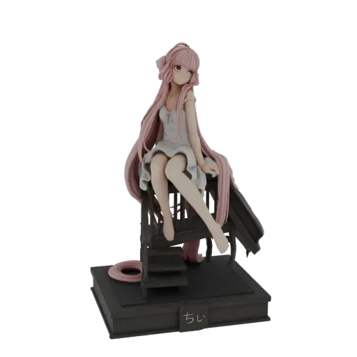 3D model of a pink-haired anime girl with long flowing hair, wearing a white dress, sitting on a dark, multi-step staircase.