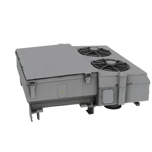3D model of a grey industrial air conditioning unit with two large fans on top, set against a black background.
