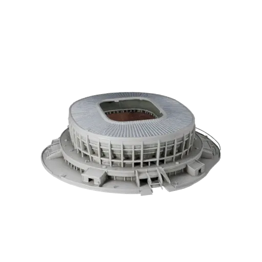 Modelo 3D realista de exterior de estádio, vista exterior em três quartos, mostrando materiais de edifício público e detalhe