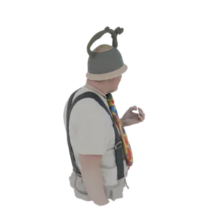 3D model of a clown character wearing a kettle-shaped hat and a colorful polka dot tie, viewed from the side.