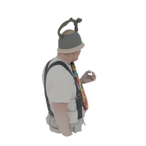 3D model of a clown character wearing a kettle-shaped hat and a colorful polka dot tie, viewed from the side.