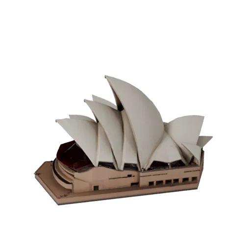 Modelo 3D de la Ópera de Sídney poligonal bajo, vista exterior lista para juegos, que muestra materiales de estructura de mon