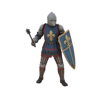 Modelo 3D de un caballero medieval con armadura completa, portando una maza con púas y un escudo de cometa azul con emblema d