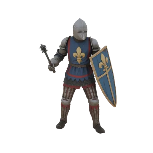 Modello 3D di un cavaliere medievale in armatura completa, che impugna una mazza chiodata e un grande scudo blu a forma di aq