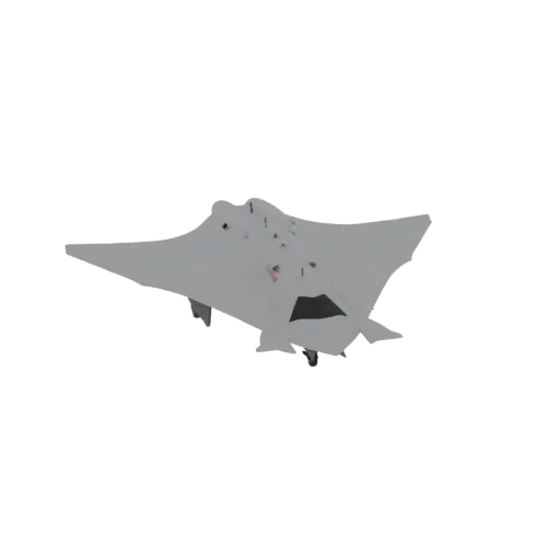 Modello 3D di un caccia stealth grigio con angoli acuti, mostrato in volo su sfondo bianco.