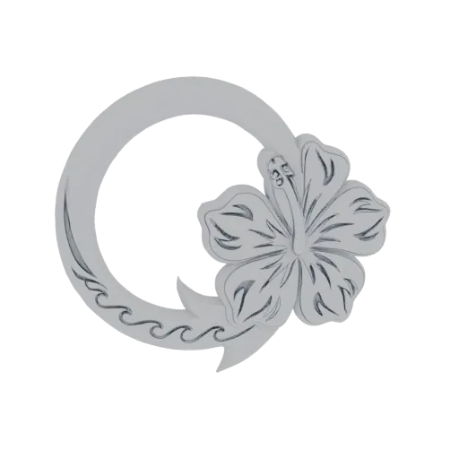 3D model of a circular ring with a detailed Hawaiian hibiscus flower and wave motifs, rendered in a metallic silver finish.