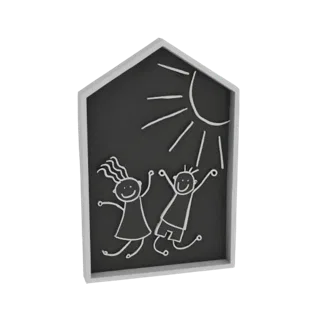 3D model of a house-shaped chalkboard with a white frame, featuring a hand-drawn sun and two stick-figure children jumping jo