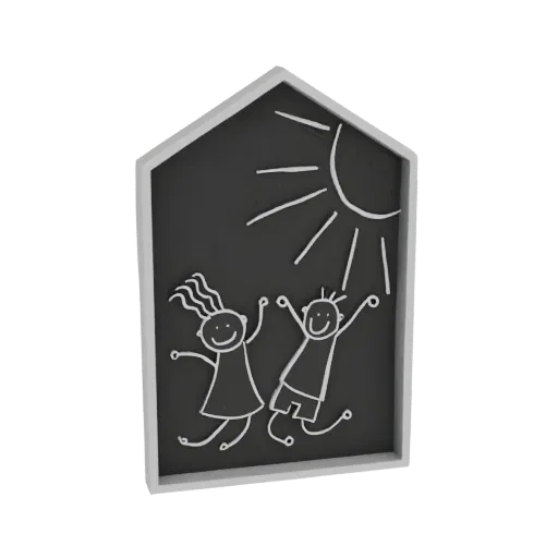 3D model of a house-shaped chalkboard with a white frame, featuring a hand-drawn sun and two stick-figure children jumping jo