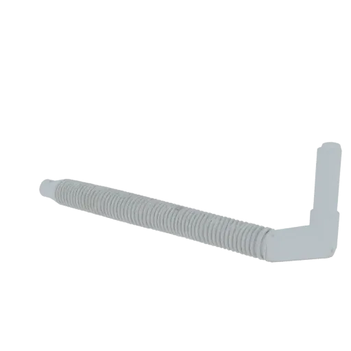 3D model of a light gray corrugated flexible hose with a 90-degree elbow connector on a white background.
