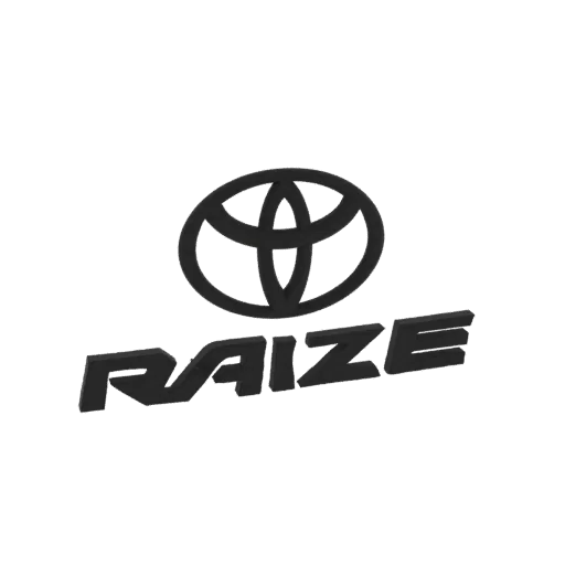 3D model of the Toyota Raize emblem, featuring the Toyota logo and 'RAIZE' text in a dark metallic finish.
