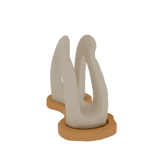 3D render of an abstract sculpture with smooth, curved beige elements on a warm-toned base, set against a white background.