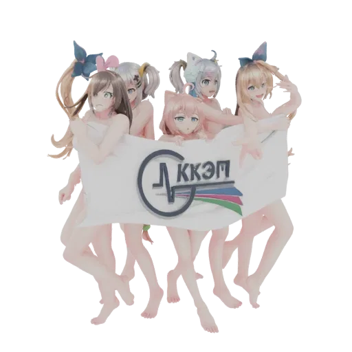 3D model of six anime girls in a group, holding a white banner with a dark logo and colorful stripes.