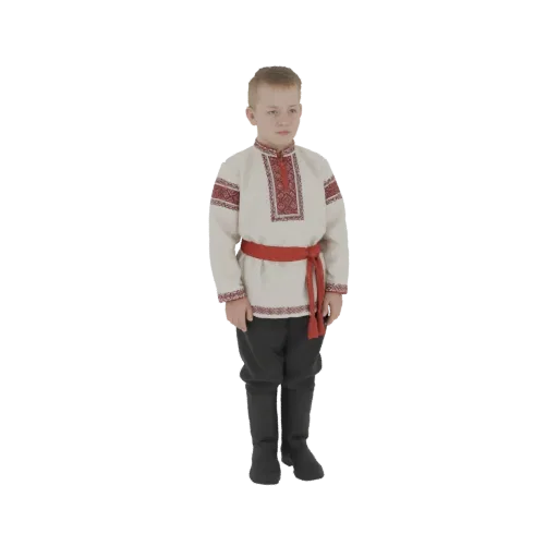 3D model of a young boy wearing a traditional folk costume with embroidered tunic and red sash, standing against a white back