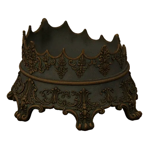 A 3D render of an ornate, crown-shaped decorative bowl with intricate filigree details, presented on a black background.